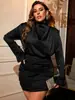 Ropa de Talla Grande para Mujer de Comercio Exterior de Amazon Moda Otoño e Invierno Vestido de Manga Larga de Cuello Alto Ceñido a la Cintura que Resalta las Caderas