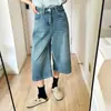 Calça Jeans Cropped Azul Retrô de Perna Larga para Mulheres, Novo Estilo de Verão, Tamanho Plus Size, Caimento Solto, Emagrecimento, Adequada para Corpo em Formato de Pera, Calça Reta
