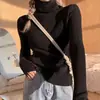 Blusa de tricô quente de manga comprida, justa, sem dedos, para mulheres, nova base de alta gola para outono e inverno, camisa feminina