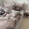 Juego de cama de cuatro piezas de alta gama estilo Ins, sábana de algodón lavado, funda de edredón individual, juego de tres piezas para dormitorio estudiantil 4