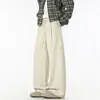Calças de cor sólida de secagem rápida com bainha curva para homens, estilo americano outonal, calças largas retas soltas, calças casuais da moda com retalhos da marca para jovens