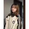 Estilo Urbano Europeo y Americano Otoño e Invierno Casual Holgado Sudadera para Mujer Forrada de Polar y Engrosada Rayas Contrastantes Cremallera Cárdigan Empalme Chaqueta