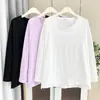 Camiseta Casual de Manga Longa com Retalhos de Cor Pura para Mulheres Plus Size Outono Inicial 2025 para Meninas Gordas 100kg Roupa Íntima 7945