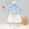 Moda Infantil Transfronteiriça Verão 2023 Estilo Coreano Blusa Manga Curta Estampa de Desenho Gola Boneca para Menina Shorts de Cor Sólida Conjunto de Duas Peças