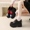 Mocassins Únicos de Designer com Solado Grosso e Biqueira Larga, Sapatos Plataforma com Cadarço para Aumentar a Altura, Sapatos Pequenos de Couro Estilo Britânico para Mulheres Baixas