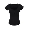 Atacado de Roupas Femininas Transfronteiriças Verão Novo Slim Fit Gola U Grande Manga Flare Bainha Abertura Frontal Manga Curta Pulôver Camiseta