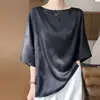 26 Nuevo Top de Mujer Sencillo Estilo Coreano Holgado Jacquard Mariposa Manga Tres Cuartos Hombro Caído Cuello Redondo Satén Sedoso