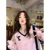 Sudadera con Estampado de Letras Americanas, Cuello en V, Manga Larga, para Mujer, Otoño, Gris, Empalme Único de Encaje, Top Casual Holgado