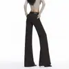Foto real jeans de perna larga cor café escuro feminino outono inverno 2026 novo cintura alta não gruda nas pernas reto solto levemente flare calças