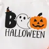 Disfraz de Halloween para Bebé Romper con Estampado de Letras y Mangas Abullonadas Pantalones de Campana de Calabaza, Fantasma, Murciélago y Diadema Juego de Tres Piezas