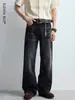 Jeans Preto Solto Estilo High Street Americano para Homens, Marca Americana Retrô Tendência, Jeans Reto Vintage Masculino