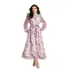 Vestido maxi com estampa de renda transfronteiriça, saia godê, gola alta, mangas bufantes e design de amarração na cintura - moda feminina outono, fornecimento direto da fonte