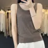 Camisole de malha feminina casual para o dia a dia, gola redonda, cor sólida, sem mangas, lã penteada, afina a cintura, novidade primavera e verão
