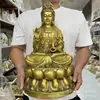 Figura de Buda Finamente Trabalhada em Latão, Bodhisattva Guanyin Sentado em um Lótus com Galhos de Salgueiro, Grande Guanyin