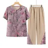 Conjunto de verano para mujeres de mediana edad y mayores, conjunto de dos piezas estampado de manga corta para mamá, cárdigan holgado y cómodo de estilo tradicional para abuela