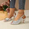 Sandalias de Verano 2026 con Tira Hueca de Boca de Pez y Lentejuelas, Sandalias de Talla Grande, Tacones Altos de Moda Europea y Americana al por Mayor