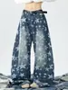 Jeans de Estilo Americano con Estampado Completo de Estrellas para Hombre, Otoño 2025 Hip-Hop Street Style, Corte Holgado, Pantalones Rectos de Pierna Ancha