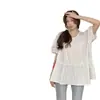 Blusa de Chiffon Estilo Francês para o Verão, Tamanho Grande com Caimento Solto para Cobrir a Barriga, Top Único de Manga Curta para Mulheres um Pouco Cheinhas