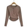 Camiseta térmica ajustada con forro polar para Otoño e Invierno, dobladillo curvo, ajustada a la cintura, top cálido, camiseta de manga larga ajustada de chica popular europea y americana