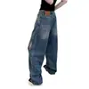 Pantalones vaqueros rectos lavados vintage estilo americano de talla grande para mujer, pantalones de pierna ancha y cintura alta de otoño, pantalones holgados y adelgazantes