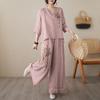 Traje de Mujer de Algodón y Lino a la Moda Otoño Nuevo Verano Versátil Estilo Europeo y de Hong Kong Manga Media Pantalón Largo Dos Piezas Bordado Pesado