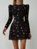 Vestido Retro Ceñido a la Cintura, Falda Corta de Estilo Francés con Mangas Abullonadas, Falda con Adorno de Encaje, Ajustado, Cuello Redondo, Falda de Cintura Alta
