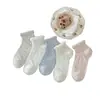 Calcetines cortos blancos para mujer con bordes de volantes, color liso, versátiles, de malla, transpirables, finos de algodón para verano, tobilleros sin costuras de encaje