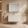 Gabinete de Baño Moderno Minimalista Blanco Crema Combinación Gabinete Principal de Acero Inoxidable Montado en Pared Gabinete de Espejo Inteligente Antivaho Cerámica Uno
