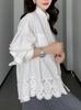Europeu plus size Design Sense Renda Costura Camisa Branca Feminina Primavera menina gordinha Solto Emagrecimento Top Empilhado Interno