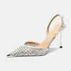 Zapatos de tacón alto de punta estilo francés con falda, tacones de aguja plateados de cuero suave, zapatos de salón de boca poco profunda, sandalias transpirables con diseño calado y punta cerrada para mujer, verano