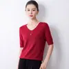 Suéter de punto fino de primavera y otoño transfronterizo, cuello en V, manga de tres cuartos, top de punto fino, moderno y versátil, corte holgado, adelgazante para mujer