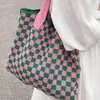 Bolso de Mano al Hombro, Bolso de Gran Capacidad, Bolso Tote para Mujer, Bolso de Compras Tejido Versátil, Bolso Cuadros Tejido de Lana Casual