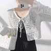 Cárdigan de Punto con Escote en V, Calado y Cordones, Estilo Coreano para Mujer, Nuevo Estilo Delgado Verano 2026, Elegante Cubierta Protectora del Sol y del Aire Acondicionado