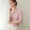 Top de manga corta para mujer de lana 100% pura de verano, imitación hilo Yangzi fino, con puños enrollados, corte ajustado, versátil y elegante, de manga media