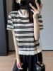 ¡Exquisito y Fragante! Camiseta de Manga Corta Negra Rayada, Tejida a Crochet, con Diseño de Borlas, Moderna y Elegante, para Mujer