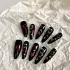 [Estilo Doce Cool] Unhas Postiças Pretas com Laço de Cereja e Diamantes, Estilo Doce Cool Hot Girl, Média Duração, Feitas à Mão, Usáveis