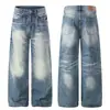 G6965 High Street Estilo Americano Unisex Azul Lavado Vintage Hecho a Mano Diseño de Patrón de Bigotes Jeans Sueltos para Hombre
