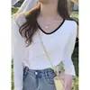Nueva colección de otoño: Top de manga larga con bloques de color y cuello en V, estilo básico, algodón puro, blanco, hombro normal, camiseta para mujer