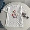 Camiseta de Manga Curta Bordada com Gato de Desenho Animado no Ombro Direito, Visual Emagrecedor, Estilo Estudante Coreano Gola Redonda, Rejuvenescedora, Casual, Top Bonito e Versátil