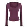Ropa de mujer de estilo europeo y americano transfronteriza INS al por mayor: Camiseta básica puramente seductora de escote bajo, realzadora del busto, de manga larga, corte ajustado, elástica, con dobladillo