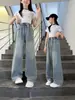 Calças Jeans Wide-Leg para Meninas Primavera e Outono Novo Estilo Hot Drilling Soltas de Perna Reta Crianças de Tamanho Médio e Grande Estilo Coreano Tendência Calças Longas