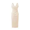 Vestido Regata com Pregas Laterais Estilo Desejo Puro Primavera e Verão Garota Picante, Vestido Longo que Marca a Cintura Acima do Joelho, Sexy e Emagrecedor
