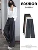 Calça de terno cinza estilo coreano de perna reta para mulheres, novas calças casuais de outono de cintura alta com caimento solto e design de perna larga drapeada