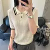 Blanco Color-Blocking Verano Versátil Nuevo Color Sólido Viajero Ajustado Único Chic Tejido Cuello Polo Manga Corta Top