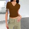 M23TP759 Roupas femininas europeias e americanas 2024 Amazon nova cor sólida decote em V slim-fit camisa de manga curta umbigo camiseta atacado