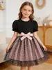 Vestido de Princesa de Malla con Mangas Abullonadas de Doble Capa Corazón de Melocotón para Niñas Vestido Dulce de Verano con Contraste Rosa y Negro y Lazo