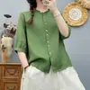 Camisa de Manga Media con Ribete de Lino para Mujer, Verde Botonada de Corte Holgado Estilo Artístico Adelgazante Versátil, Camisa de Manga Tres Cuartos