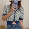 Cárdigan corto vintage de punto con cuello en V, fino, de verano, informal, de cintura alta y con estampado floral en contraste.