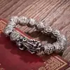 Pulsera Pixiu Atrae Dinero Estilo Vintage Desgastado Plata Tailandesa Imitación para Hombres, Pulsera de Aleación Plateada Pulida con Cabeza de Dragón Audaz y Cuentas de Buda
