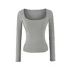 Camiseta de Otoño para Mujer Estilo Puro Deseo con Cuello en U Amplio, Dobladillo Fruncido y Diseño de Bolsillo, Camiseta Base Ajustada